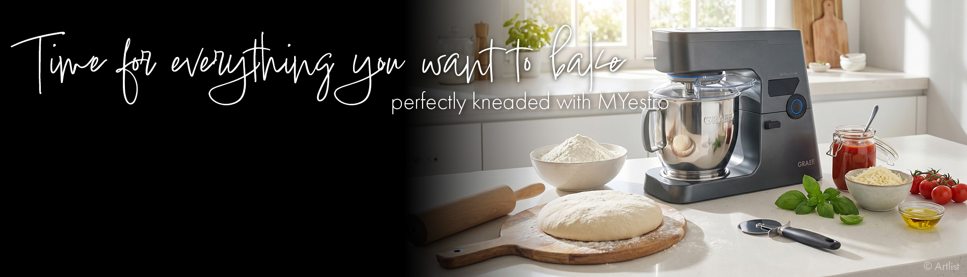 Kitchen machine with ingredients for pizza dough