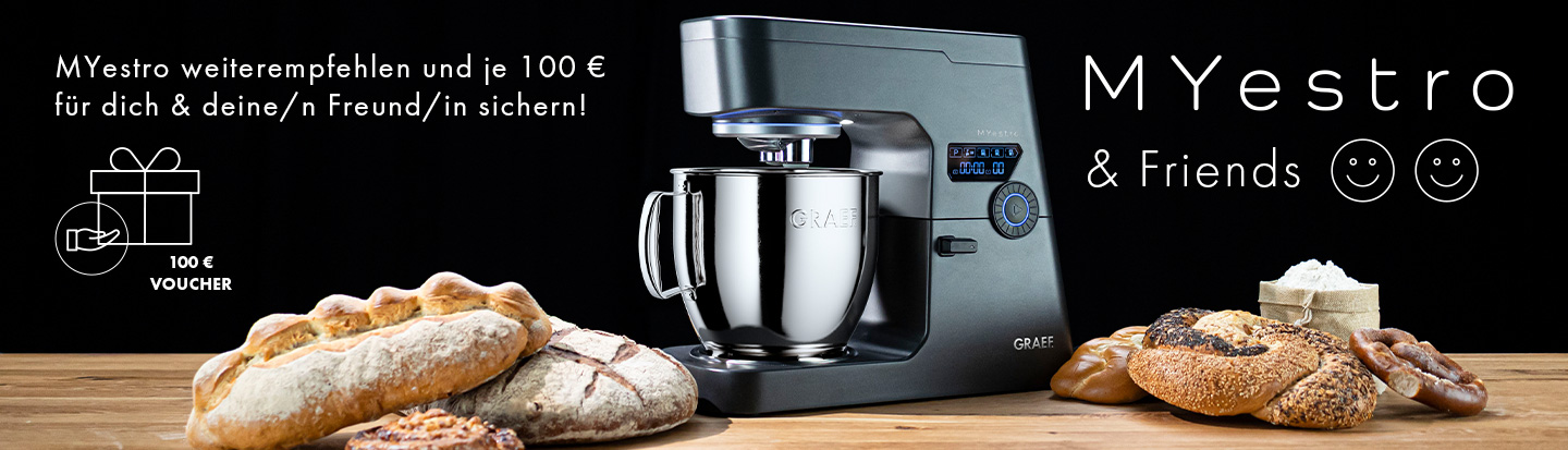 Werbebanner mit Küchenmaschine, Brot und 100€ Gutschein für Empfehlung.