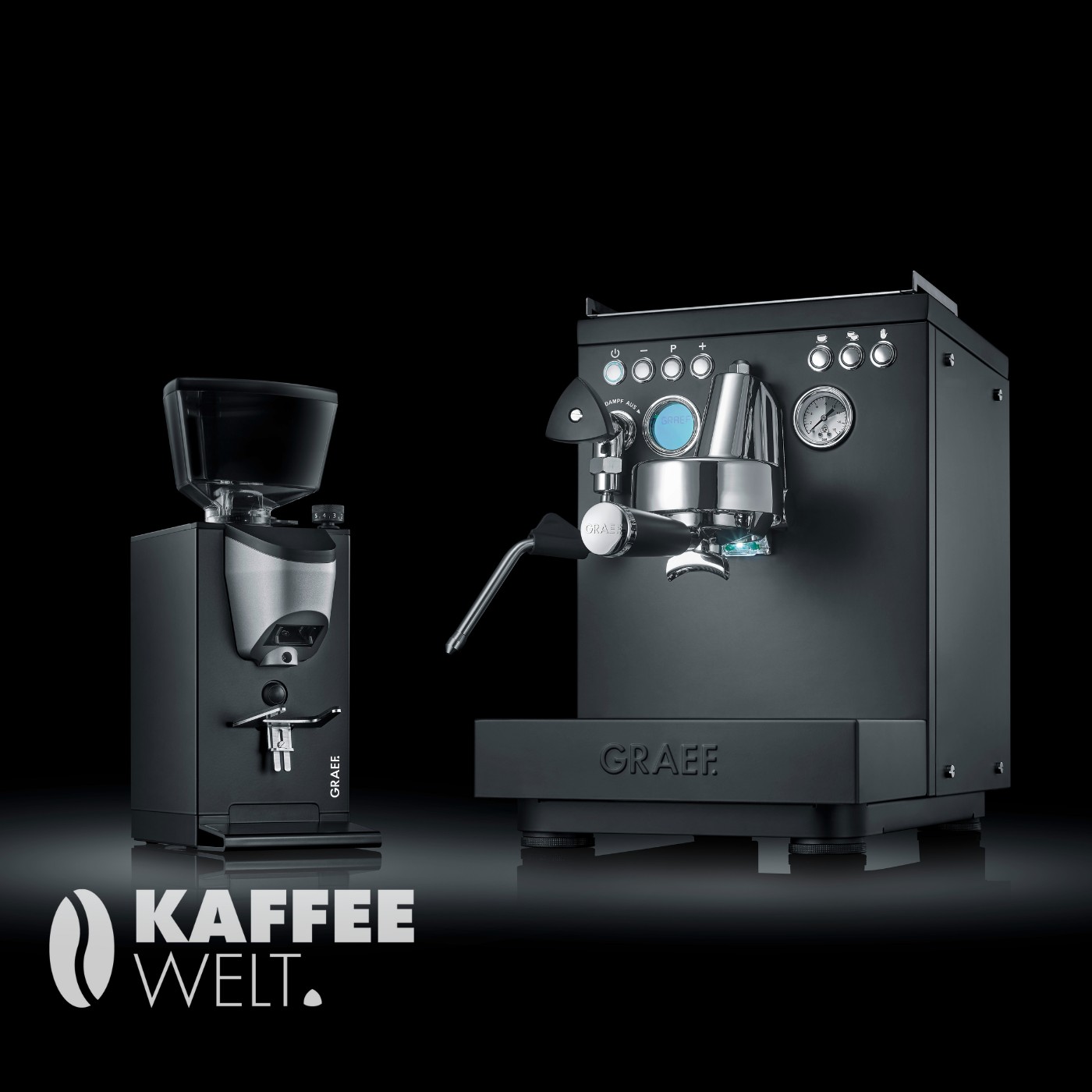 Kaffeemaschine und Kaffeemühle auf schwarzem Hintergrund, GRAEF-Marke.