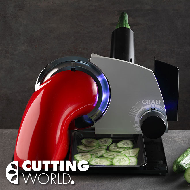 Graef vegetable slicer with sliced cucumbers on a table, cutting world logo