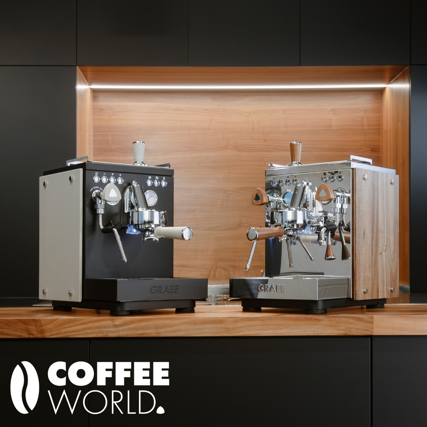 Two espresso machines on a wooden surface against a dark background.