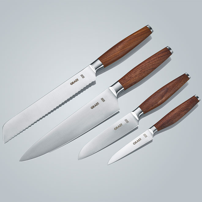 Messer-Set mit Holzgriffen, Küchenutensilien, Schneidwerkzeuge, Kochmesser, scharf
