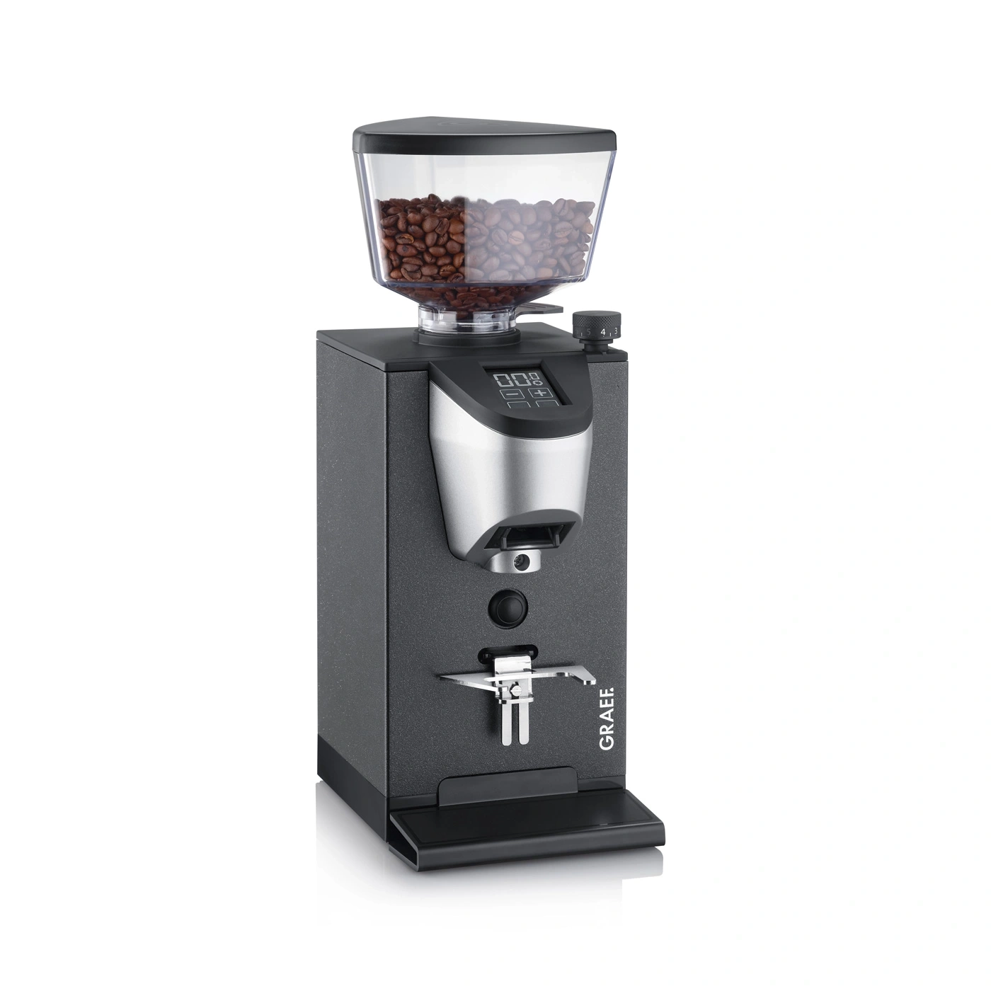 Kaffeemühle mit Bohnen, digitalem Display und GRAEF-Logo, schwarz