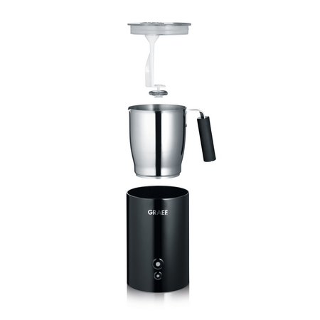 Milk frother, stainless steel, black, GRAEF, lid, jug, base, buttons, disassembled