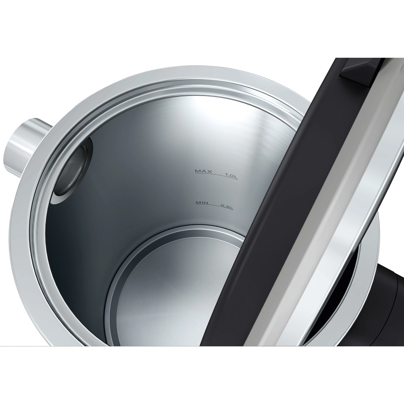 Close-up of a kettle with fill level indicators and a handle