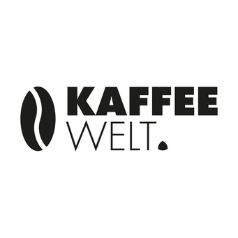 Kaffee Welt Logo mit Kaffeebohne und Schriftzug in Schwarz auf Weiß