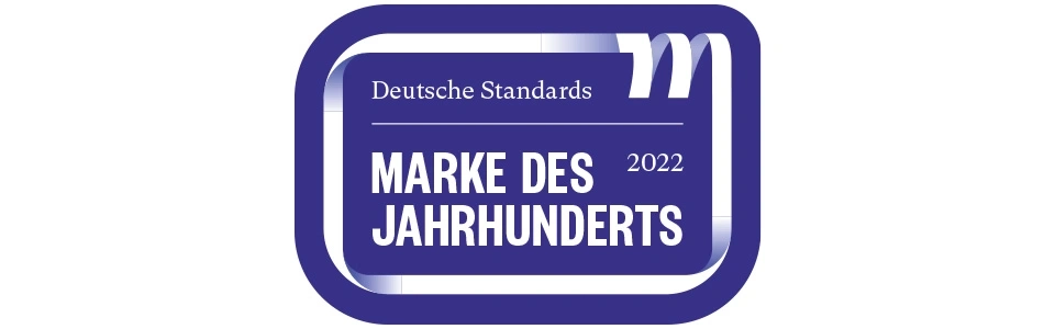 Auszeichnung 'Marke des Jahrhunderts 2022' in Blau mit weißer Schrift auf weißem Hintergrund.