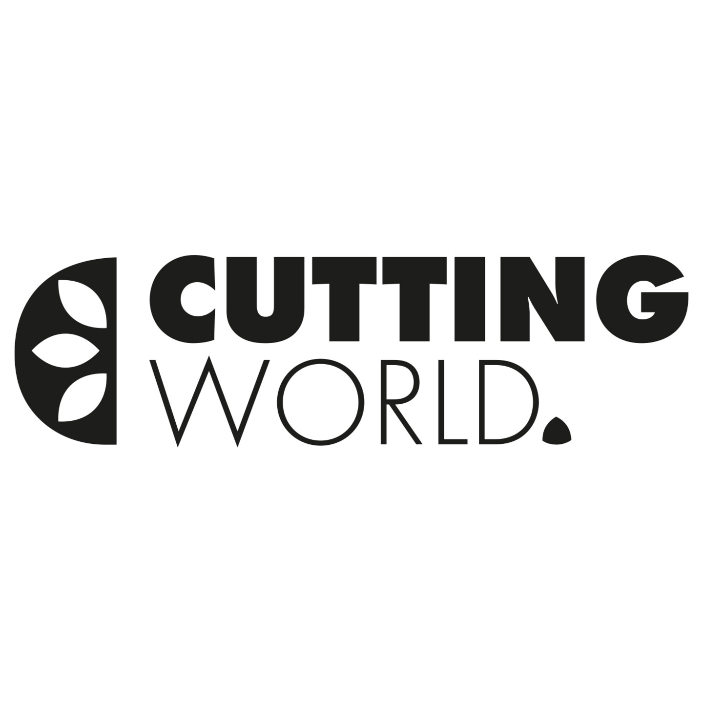 Cutting World logo, black on white, stylized design, text-based logo, simple and clean.