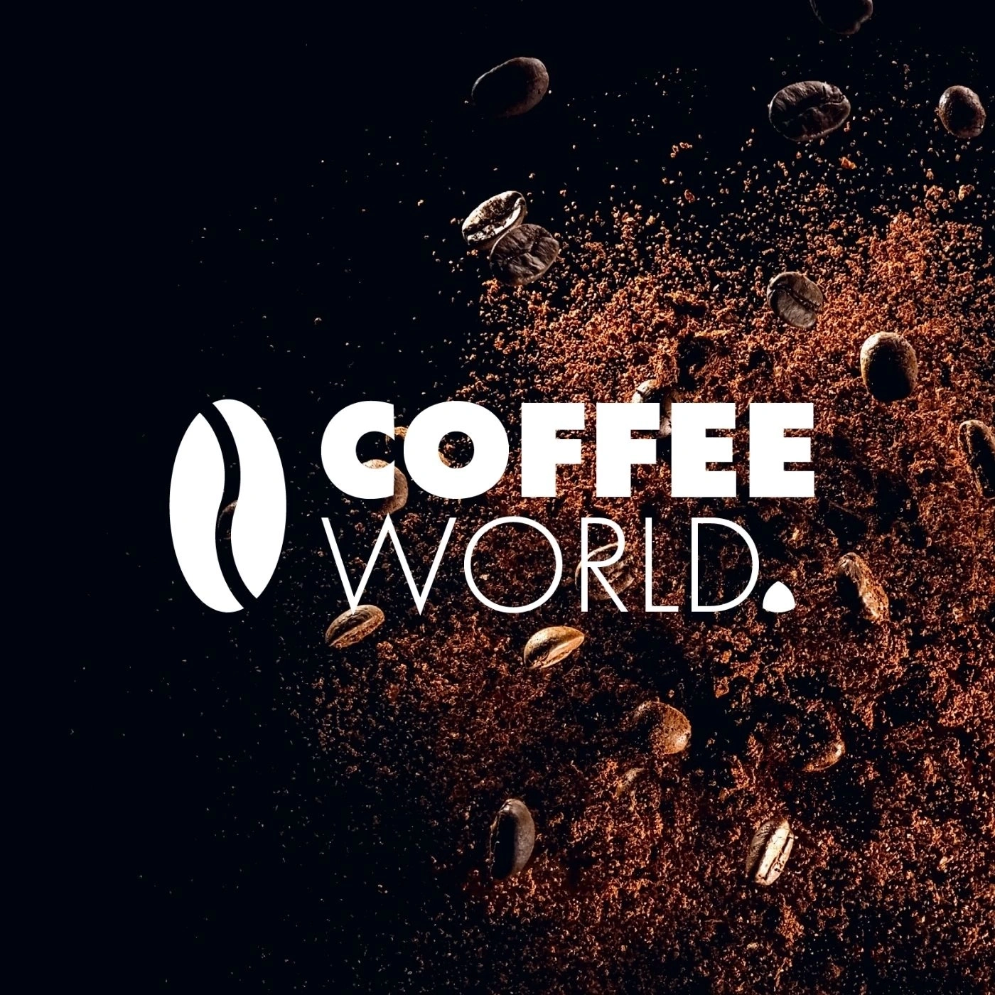 Grains de café et poudre de café avec les mots Coffee World sur fond noir.