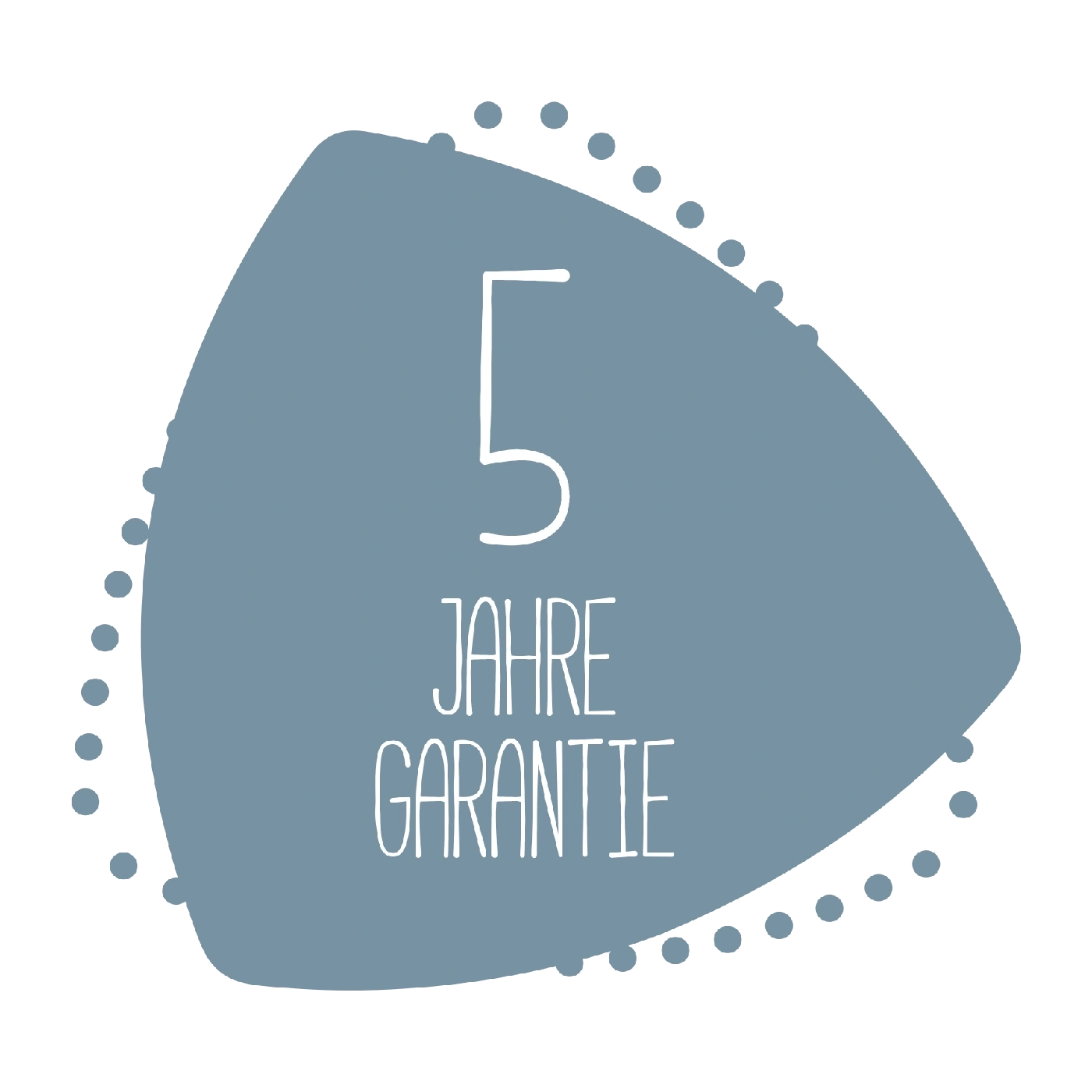 5 ans de garantie, panneau bleu avec lettres blanches et points