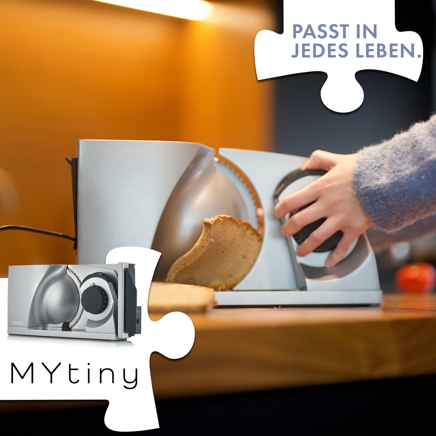 Brotmaschine schneidet Brot, Puzzle-Stück mit Text, MYtiny Schriftzug