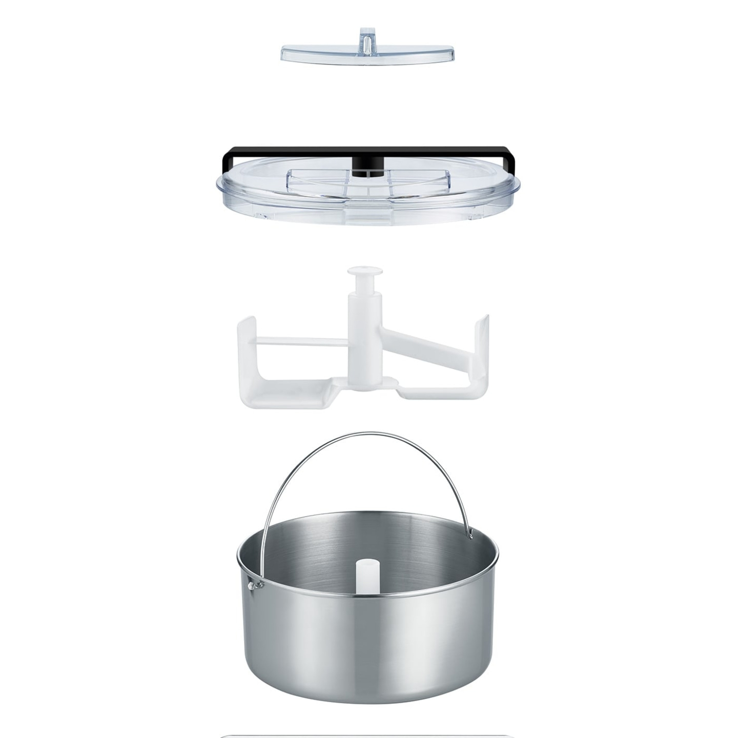 Disassembled kitchen machine with lid, mixer, and metal container, isolated.