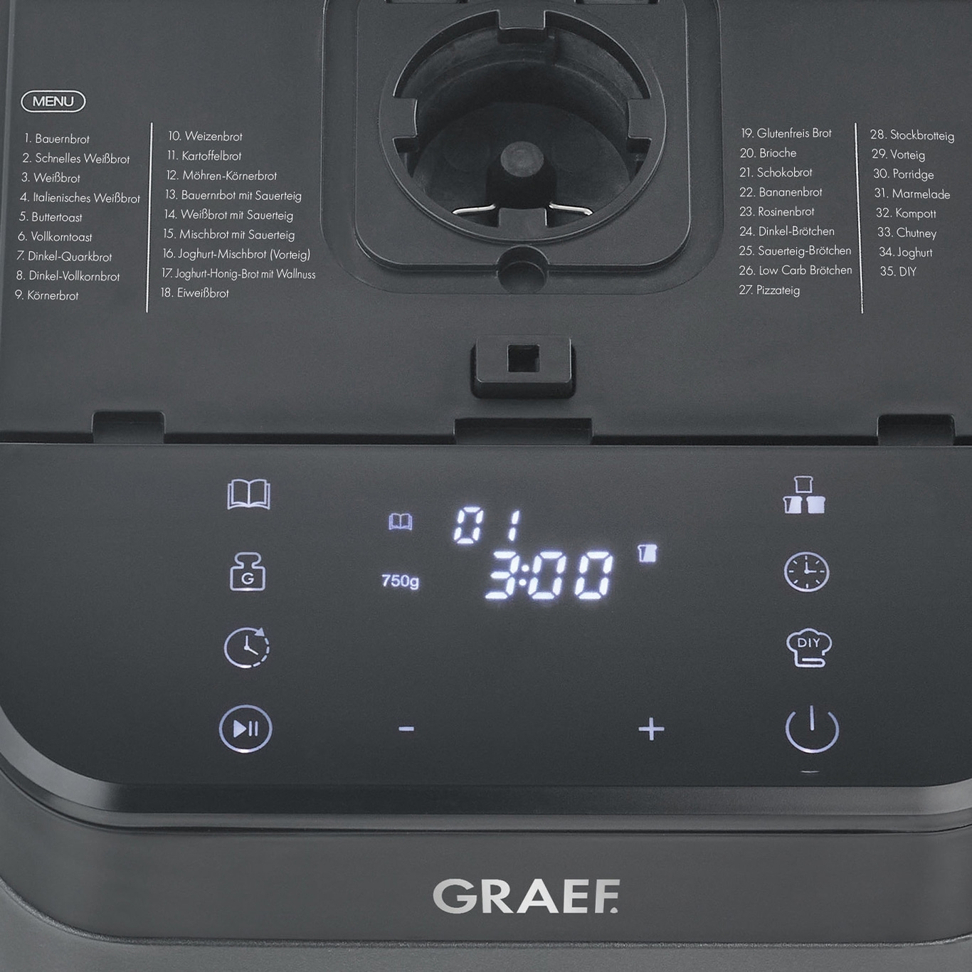 Bread maker with menu selection and digital display for baking programs and settings.