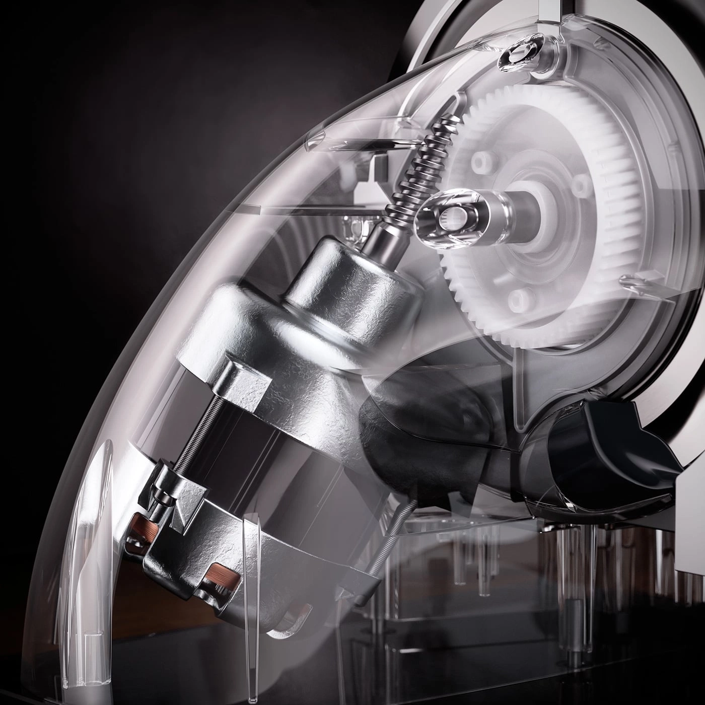 Transparent coffee machine, internal mechanism, gears, motor, clear casing, technology, close-up