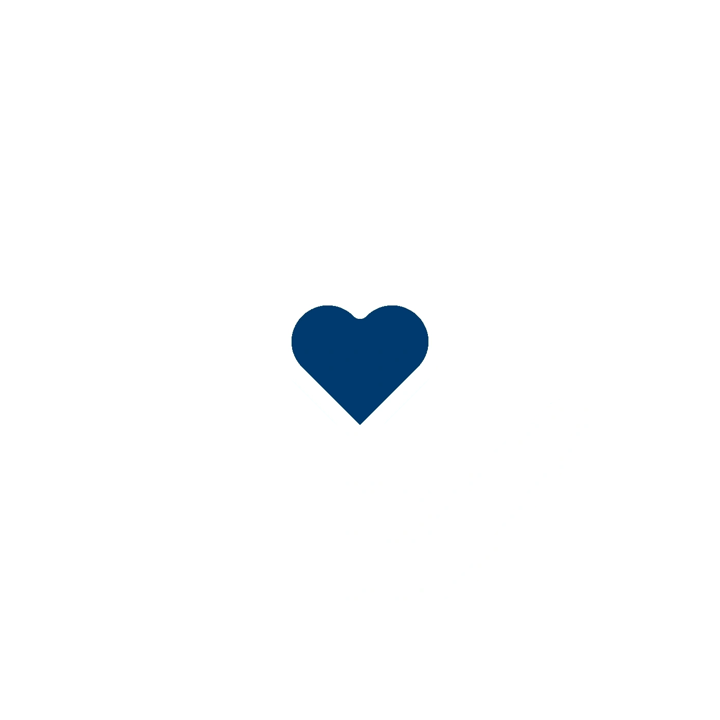 Coeur bleu et forme en M avec des rectangles noirs sur fond blanc.