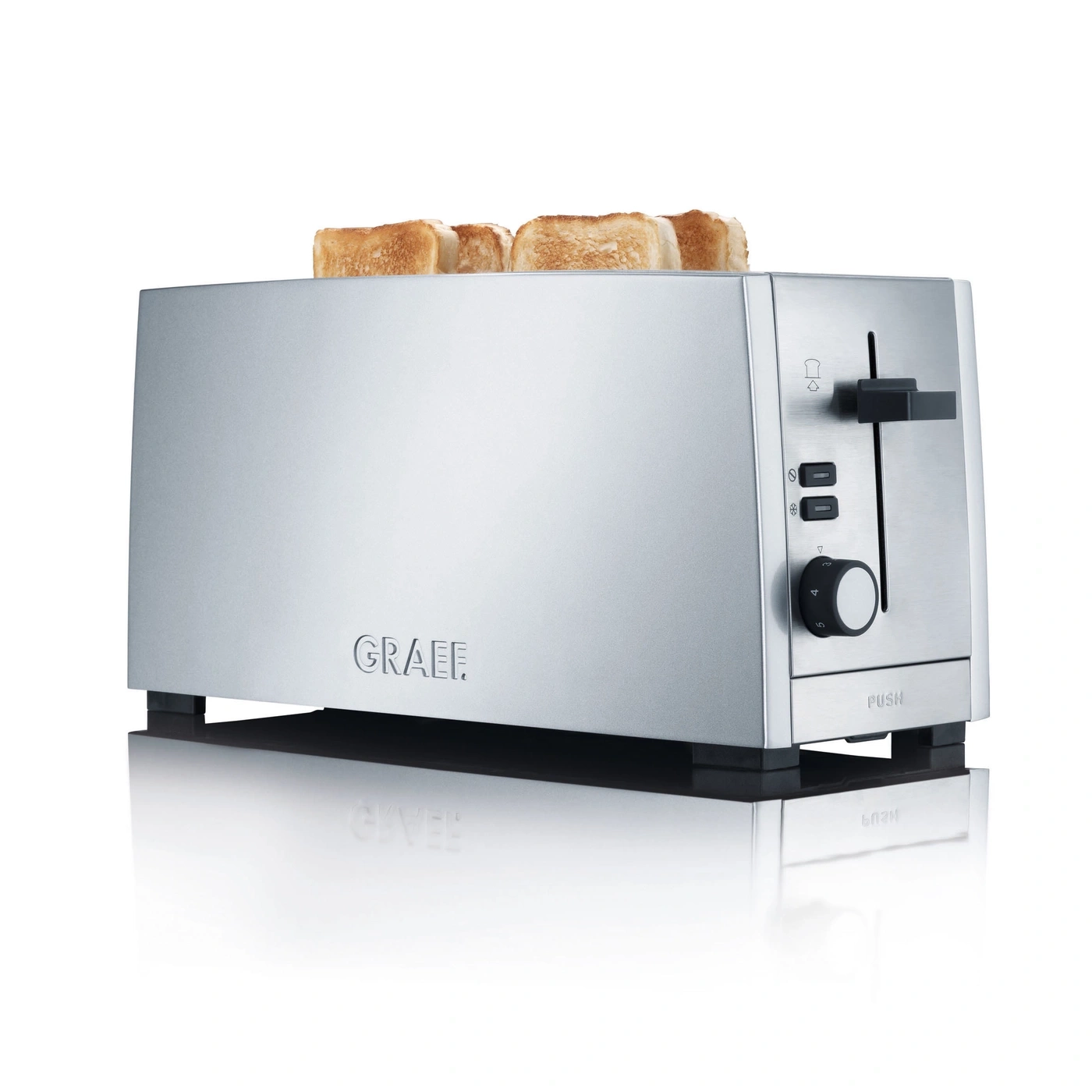 Silberner Toaster mit Toastbrot, bereit für das Frühstück, modernes Design, Graef-Marke.