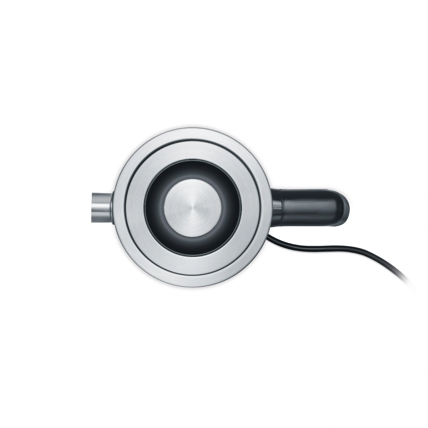 Close-up of a silver device with a black handle and cable against a white background.