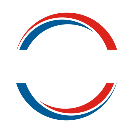 Blau-roter Bogen, der ein Logo oder Design bildet, das auf weißem Hintergrund steht.
