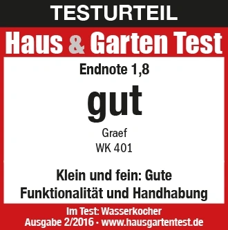 Test result Haus & Garten Test: Grade 1.8 good for Graef WK 401. Kettle test.