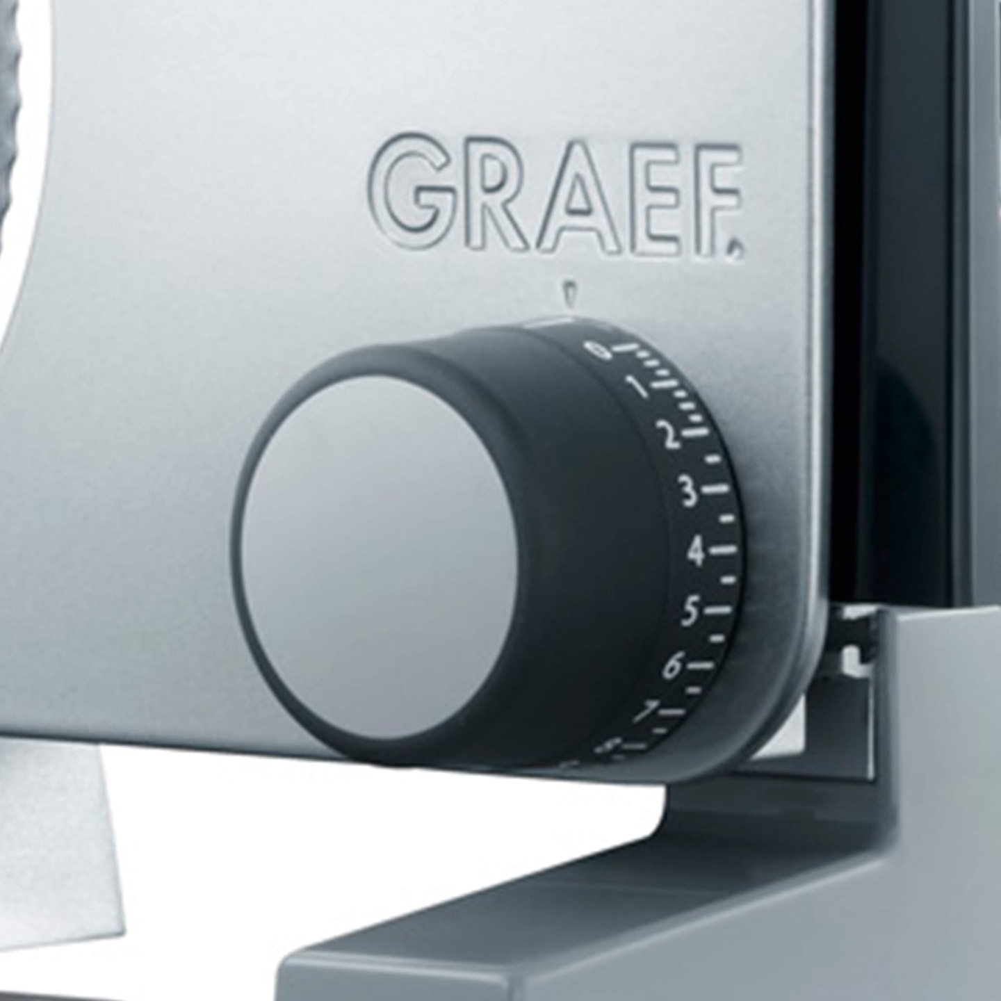 Graef-Schneidemaschine, Detailaufnahme, Einstellrad, Zahlen, grau, schwarz, Nahaufnahme