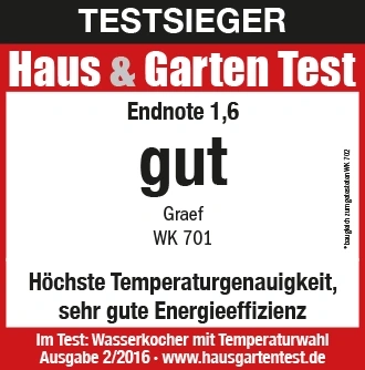 Testsieger Haus & Garten Test, Endnote 1,6, gut, Graef WK 701, Wasserkocher Test, Ausgabe 2/2016