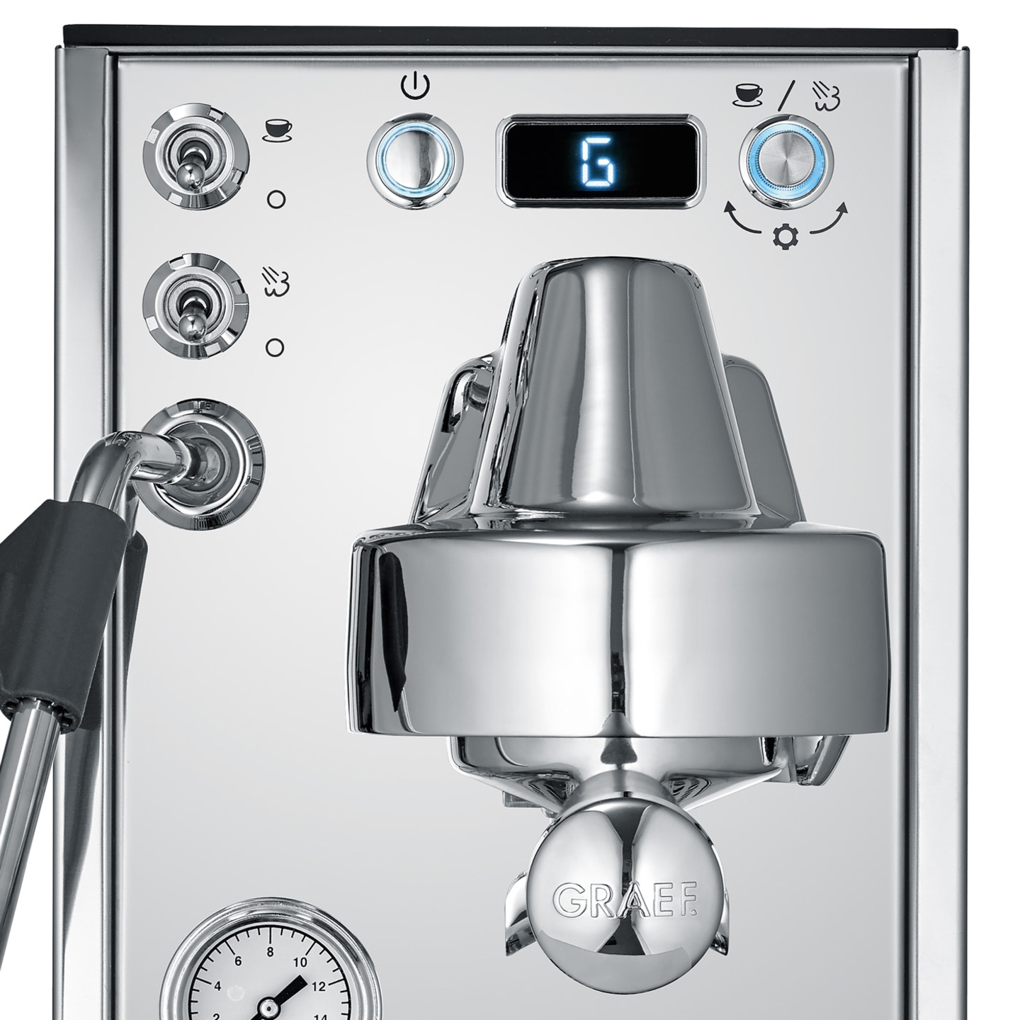 Nahaufnahme einer Chrom-Espressomaschine mit digitalen Anzeigen und Bedienelementen.