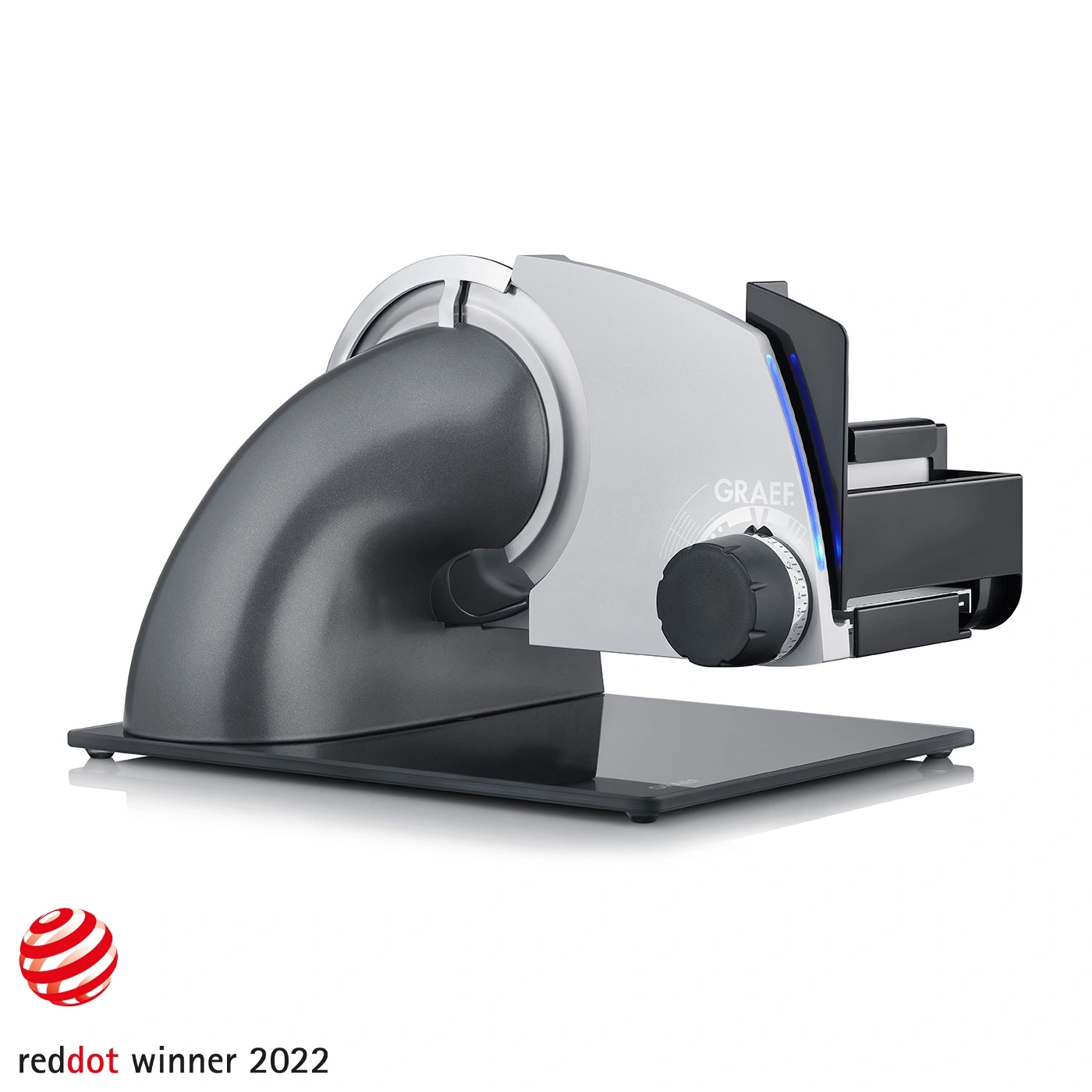 Trancheuse Graef, argent, design moderne, Red Dot Award 2022, appareil de cuisine, préparation culinaire
