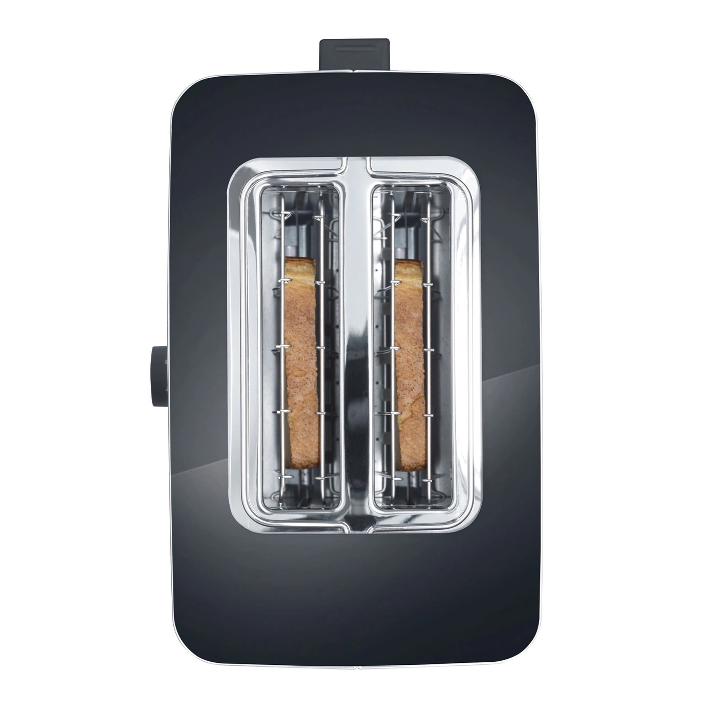 Black toaster with two slices of toast sticking out. Shiny metal and dark plastic.