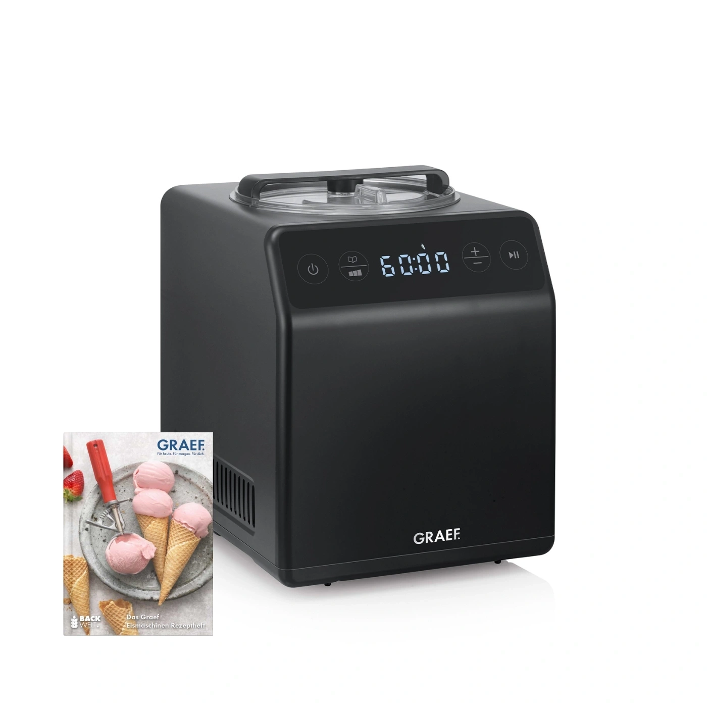 Machine à crème glacée noire avec livre de recettes et affichage 60:00 par GRAEF.