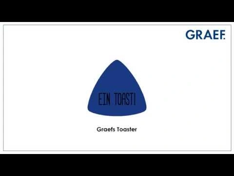 Blauer Dreieck mit Text 'EIN TOASTI' und 'Graefs Toaster' auf weißem Hintergrund.