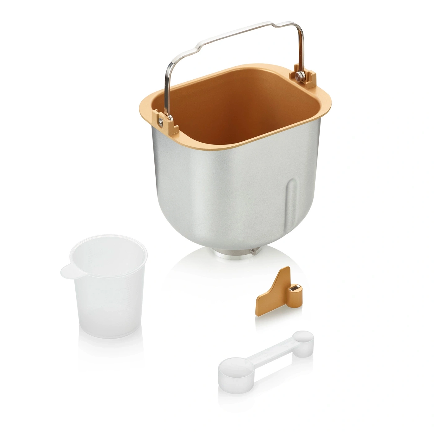 Machine à pain avec accessoires : tasse à mesurer, lame de pétrissage et cuillères.