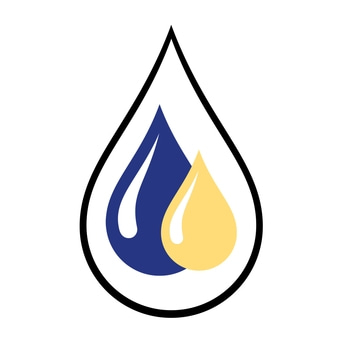 Logo mit Tropfen in Blau und Gelb, umrandet von Schwarz.