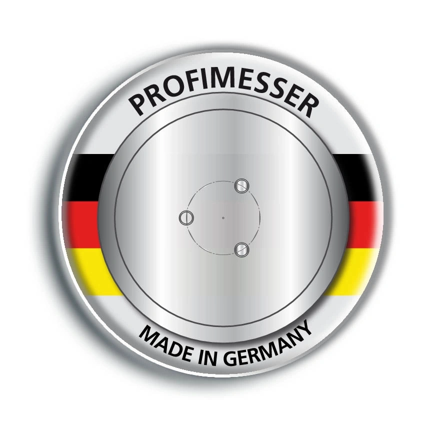Logo Profimesser avec drapeau allemand, fabriqué en Allemagne, design métallique.