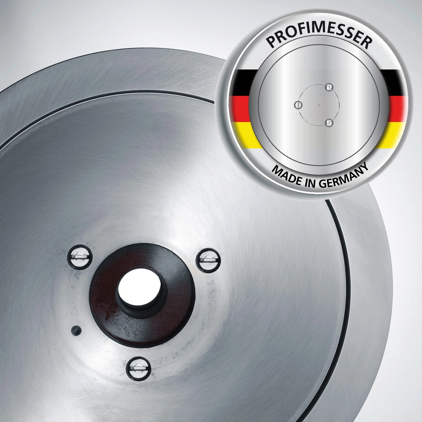 Metallplatte mit Logo 'PROFIMESSER' und 'Made in Germany' in Deutschland hergestellt
