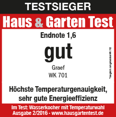Testsieger Haus & Garten Test, Endnote 1,6, gut, Graef WK 701, Wasserkocher Test, Ausgabe 2/2016