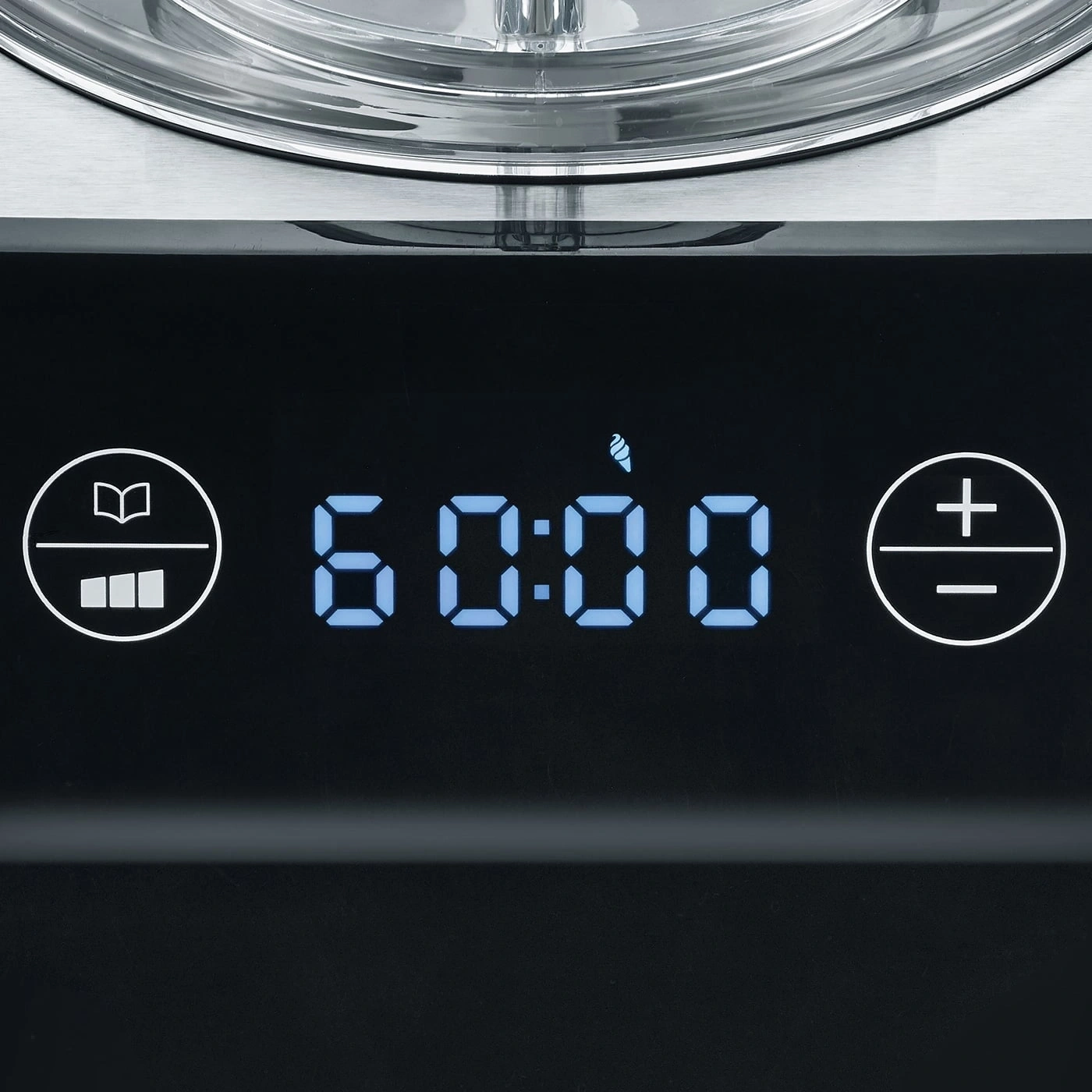 Digitalanzeige mit Zeit 60:00, Bedienknöpfen und Symbolen auf schwarzem Hintergrund