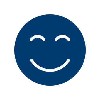 Blaues Smiley-Gesicht in einem quadratischen Rahmen, glücklich und lächelnd.