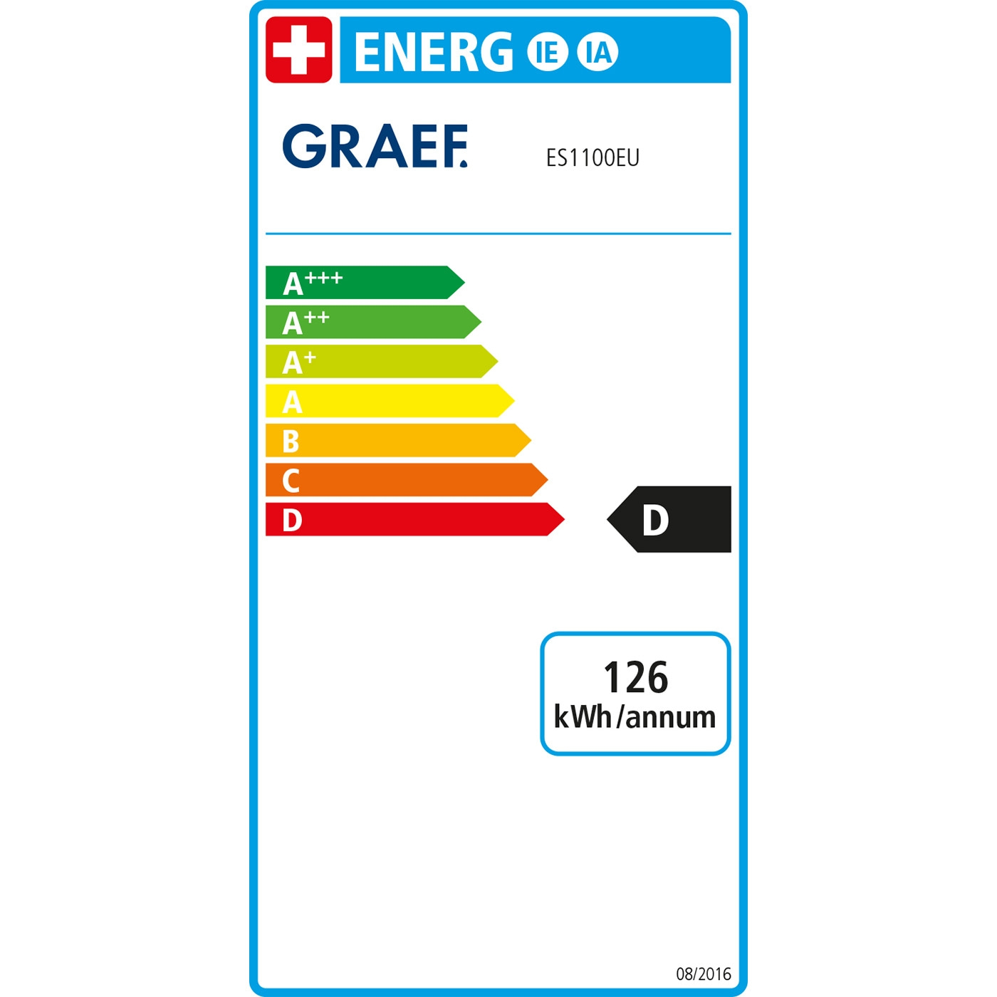 Energieeffizienzlabel mit Skala von A+++ bis D, Angabe 126 kWh/annum