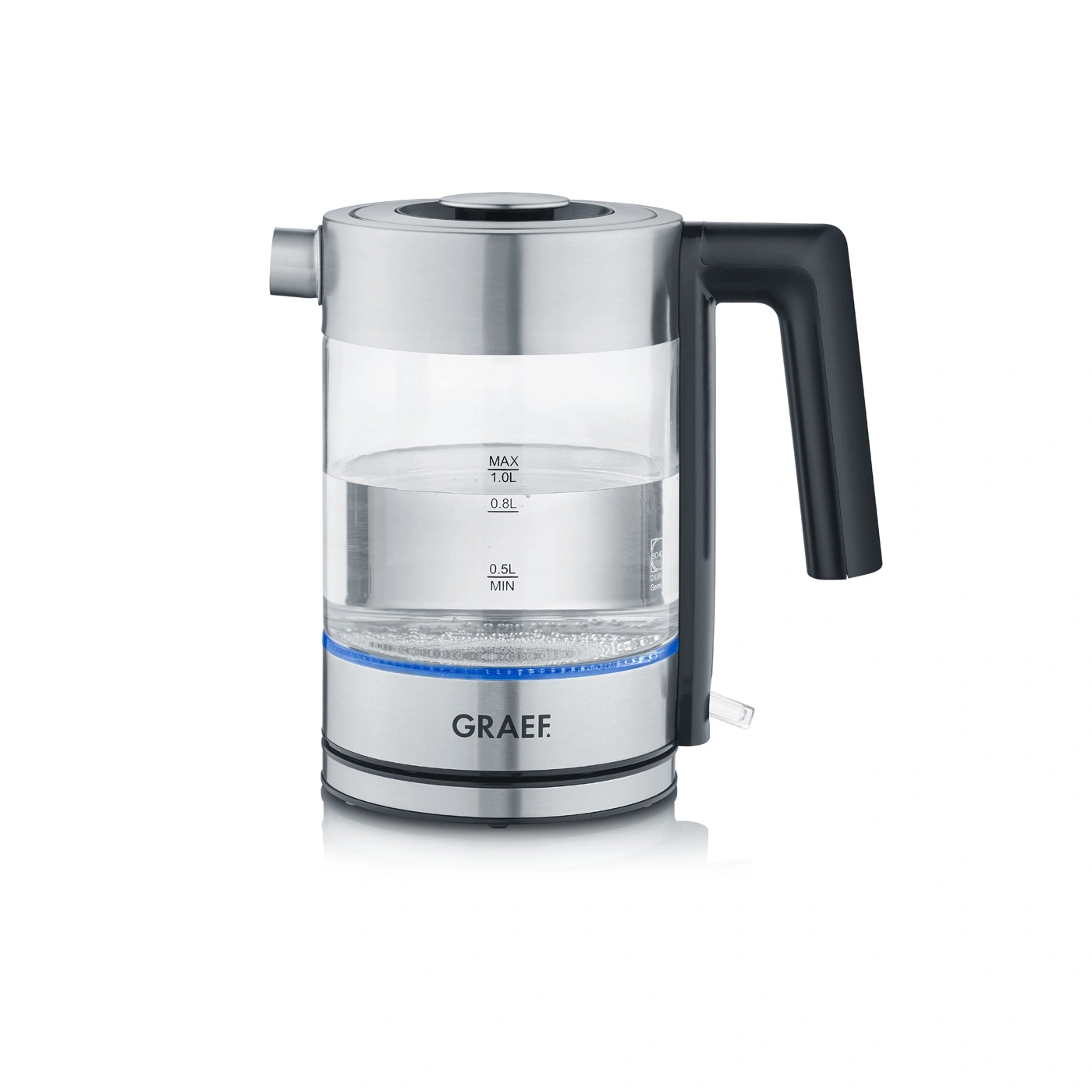 Glass and stainless steel electric kettle with handle and GRAEF logo, water inside