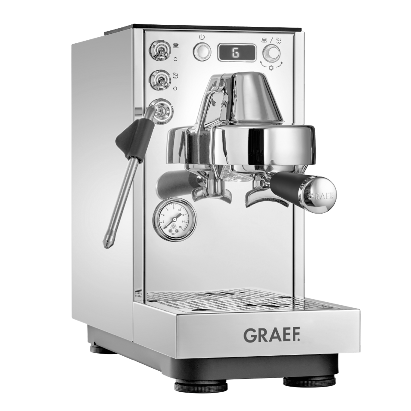 Eine glänzende Chrom-Espressomaschine mit einem digitalen Display und einem Manometer.