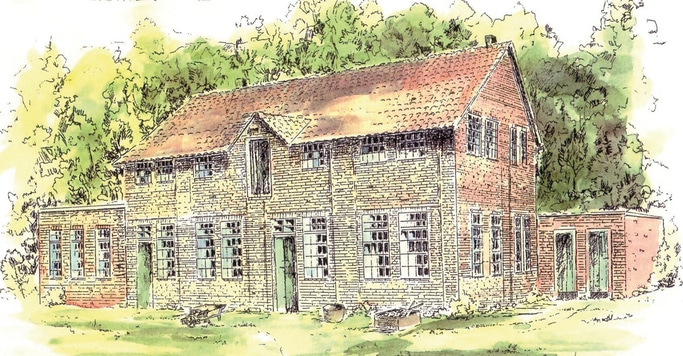 Ein altes Backsteingebäude mit Bäumen und Gras. Ein Haus mit Fenstern und Türen.