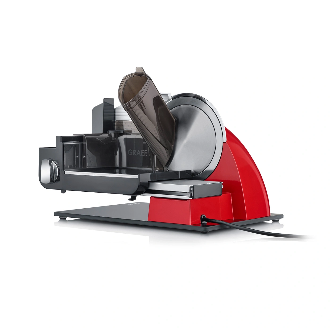 Red electric food slicer with gray housing and cable, GRAEF logo visible.