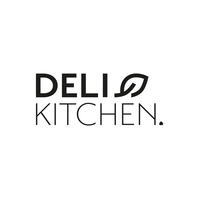 Logo Deli Kitchen avec texte et symbole de feuille en noir sur fond blanc