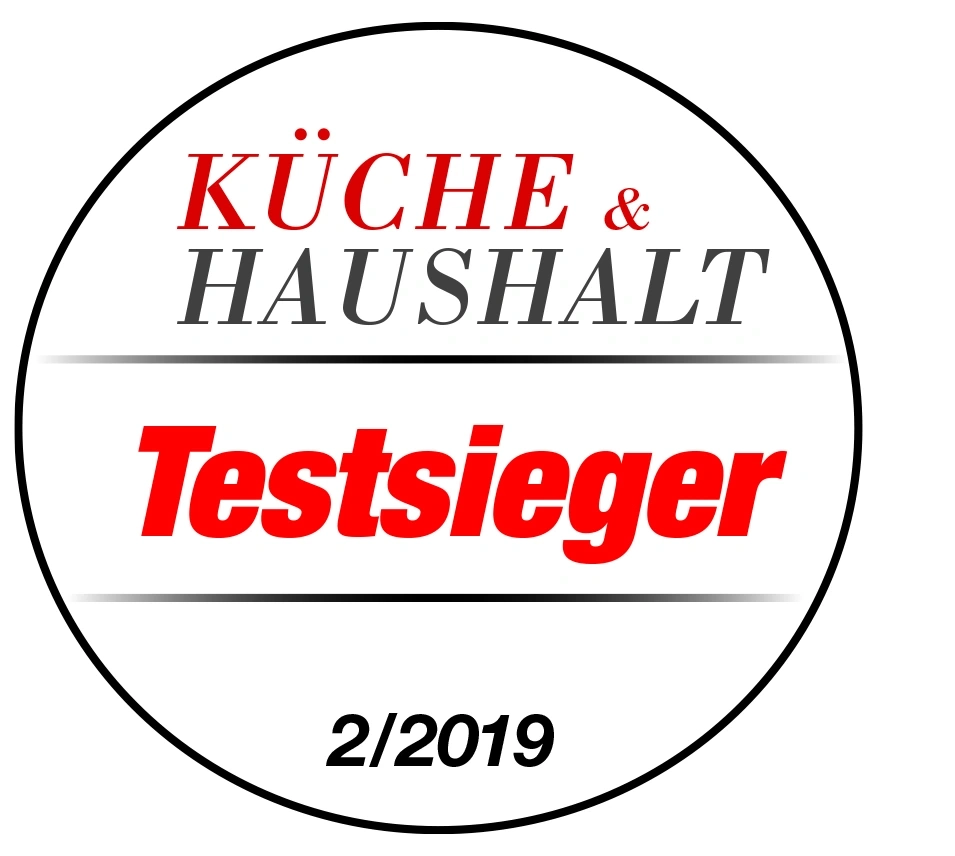 Récompense Testsieger Cuisine & Maison 2/2019, texte rouge sur fond blanc, logo circulaire
