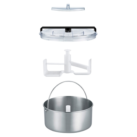 Disassembled kitchen machine with lid, blades, and container, isolated on white background