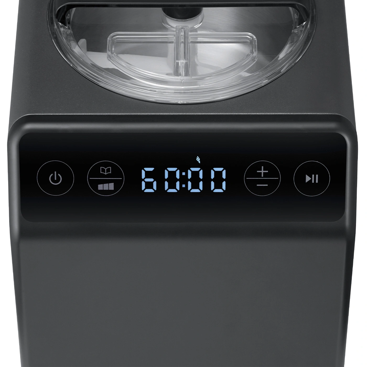 Machine à crème glacée avec affichage numérique, boutons et minuterie indiquant 60:00 minutes.