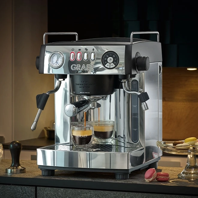 Graef Espressomaschine, Kaffeezubereitung, Gläser, Macarons, Küche, Edelstahl, Getränk, Espresso