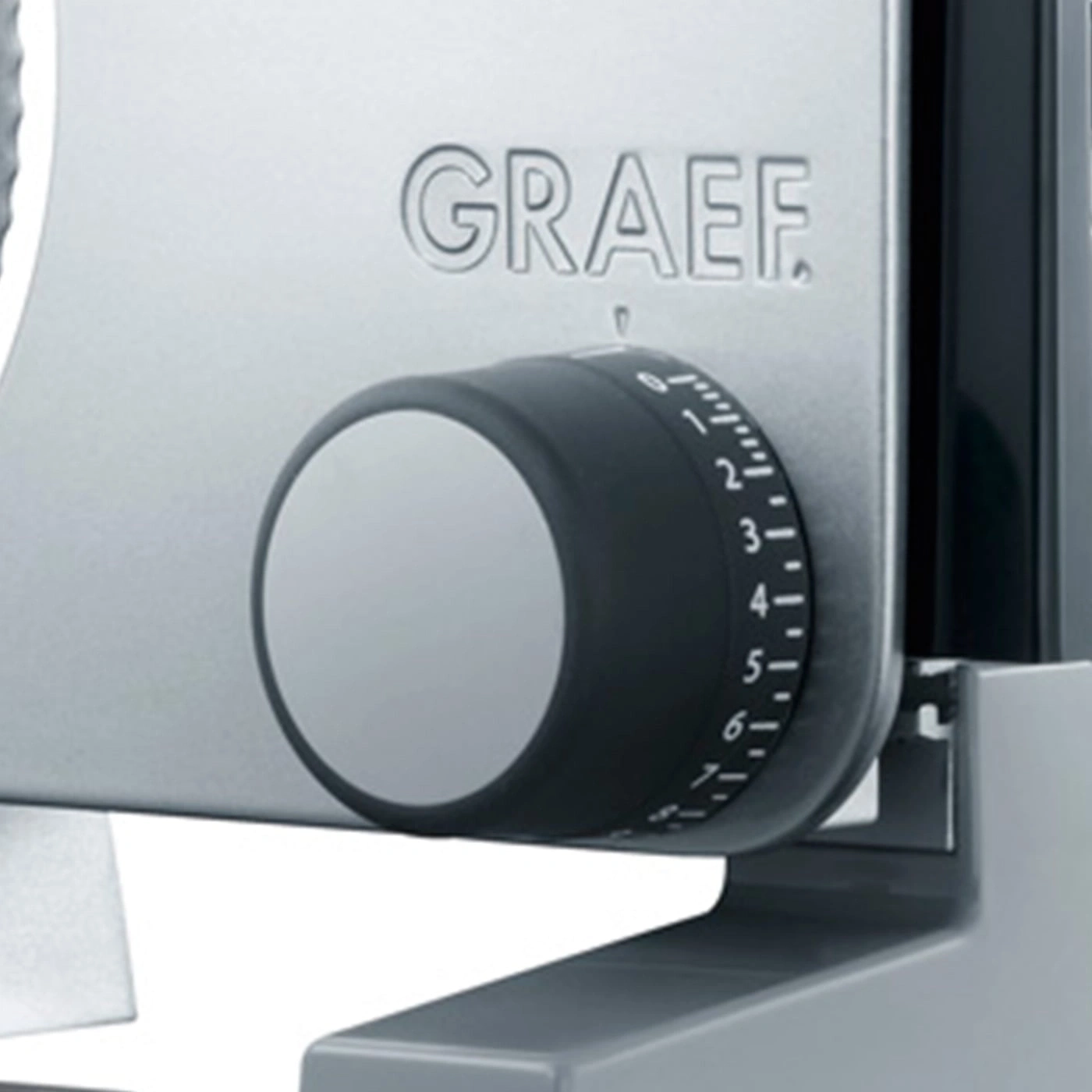 Graef slicer, detail shot, adjustment wheel, numbers, gray, black, close-up
