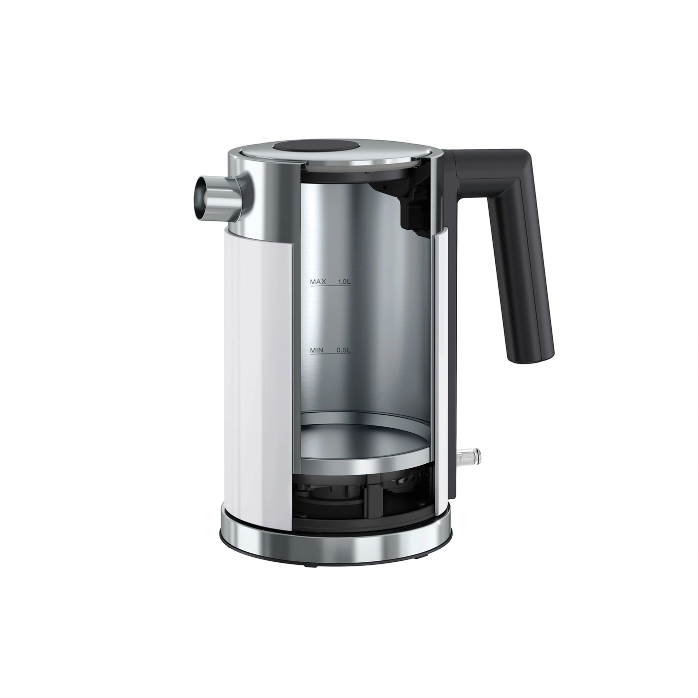 Cross-section of a white and silver kettle with a black handle and lid