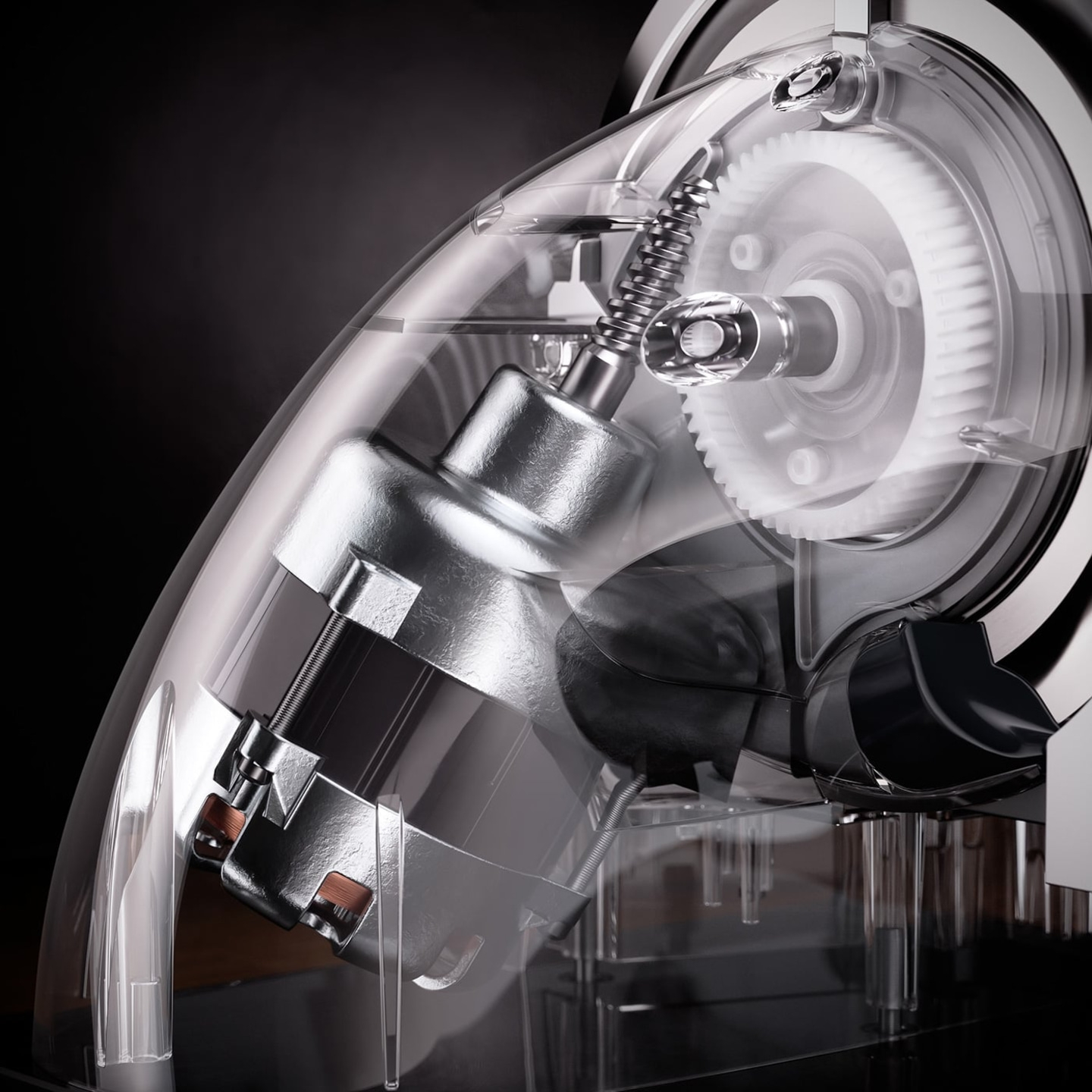 Transparent coffee machine, internal mechanism, gears, motor, clear casing, technology, close-up
